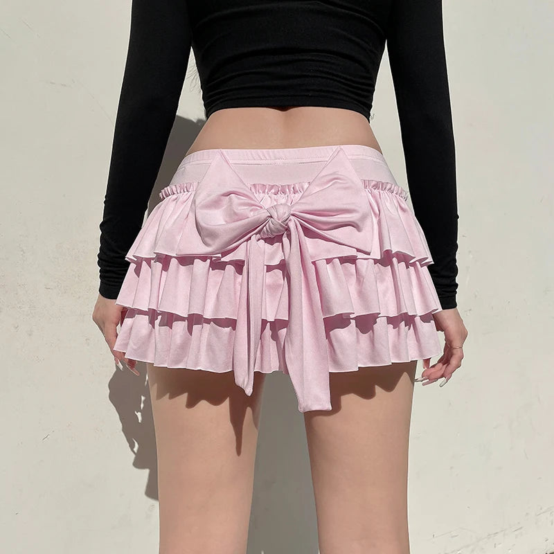 IAMHOTTY - Pink Bow Low-Waisted Mini Skirt 