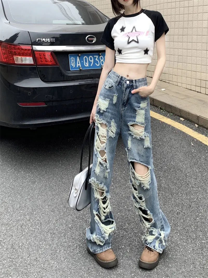 Ripped high-waist wide-leg jeans