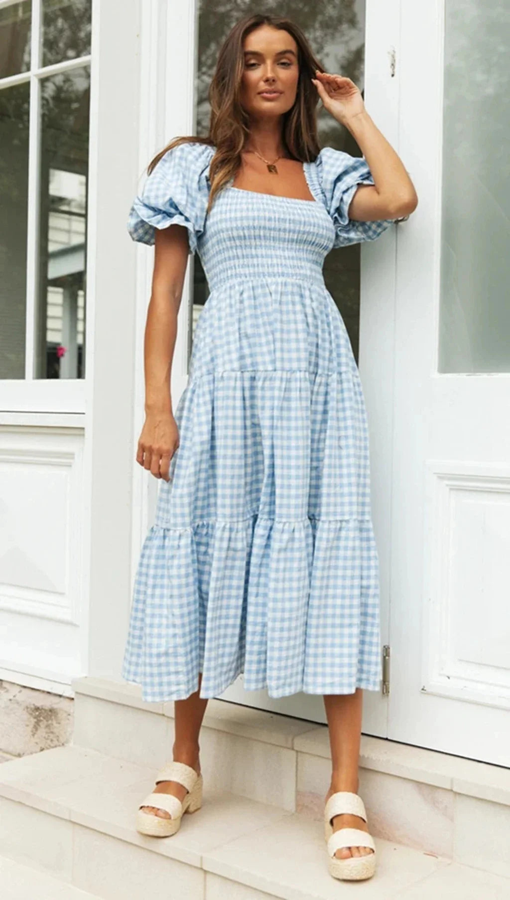 Spring Plaid Puff Sleeve Dress