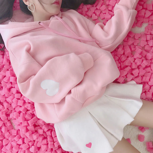 Cute Pink Cotton Hoodie - Love Heart Embroidery