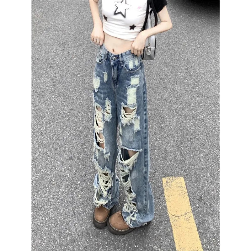 Ripped high-waist wide-leg jeans