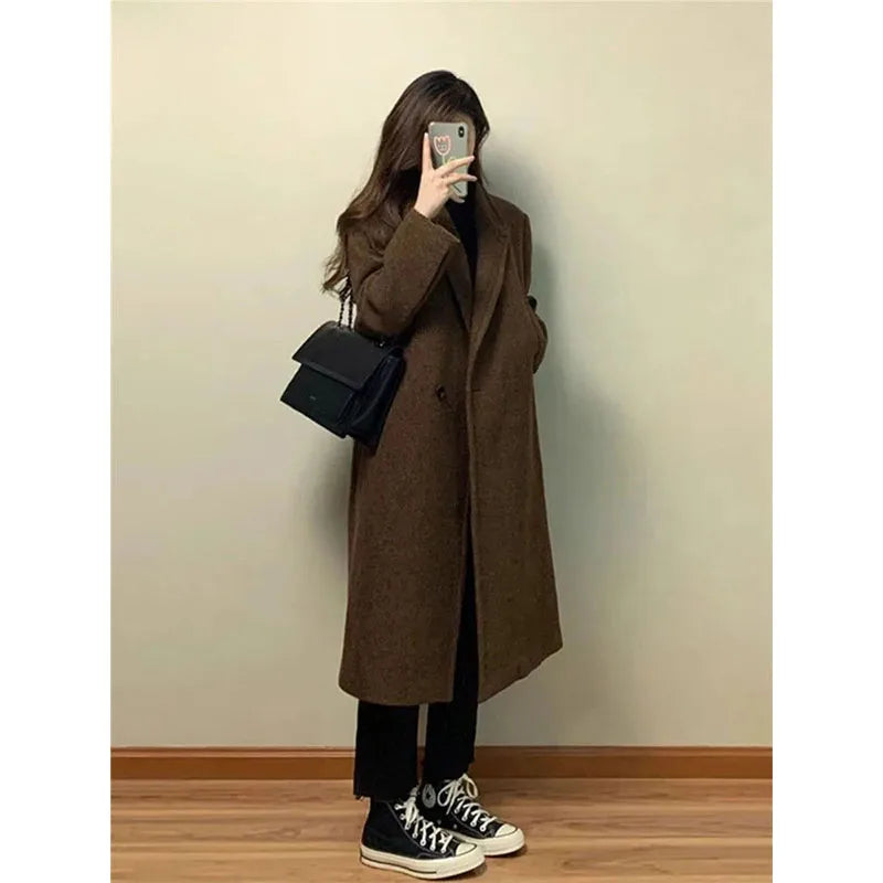 Lapel Collar Woolen Coat - Coffee Colored Mid-Length Overcoat