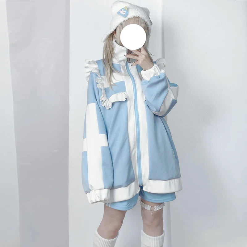 BLUE DIJIAO - Y2K Patchwork Fleece Hoodie Ruffled Zipper Shirt