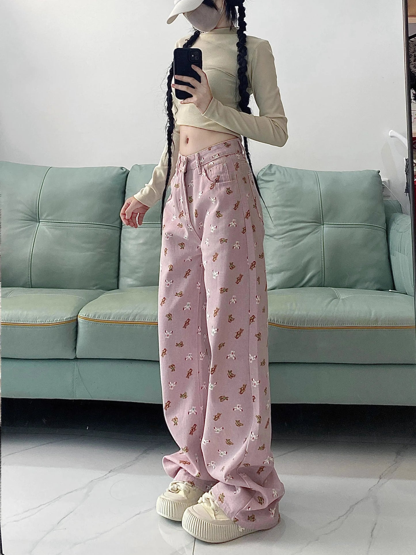 Dicloud - Pink Printed Wide-Leg Jeans