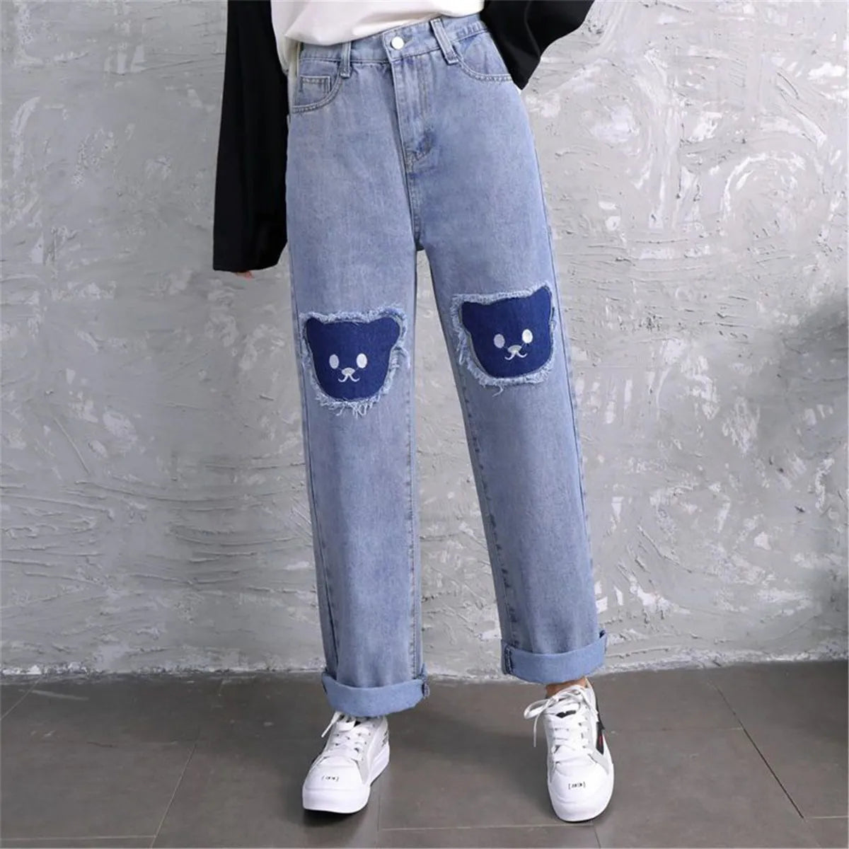 Harajuku-Style Baggy Jeans mit süßem Hip-Hop-Bären-Design