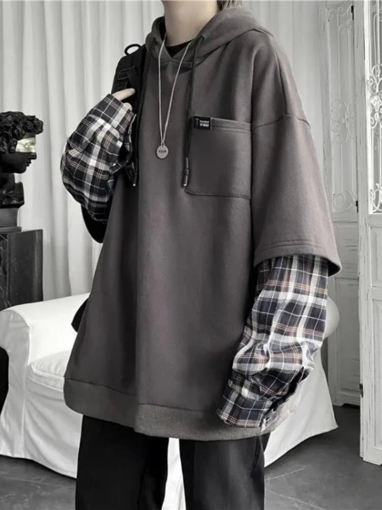 KOSAHIKI - Oversized Plaid Sleeve Hoodie