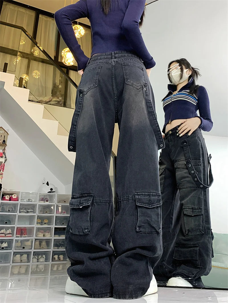 Cargo Pants - Dark Gray Wide-Leg Y2K Jeans