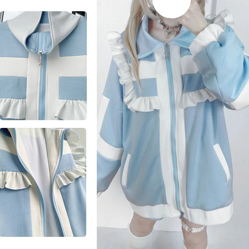 BLUE DIJIAO - Y2K Patchwork Fleece Hoodie Ruffled Zipper Shirt