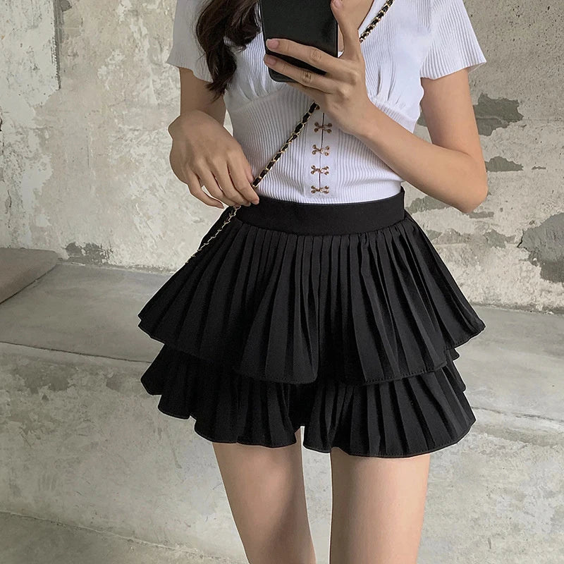 Double-Layered High-Waist A-Line Mini Cake Skirt 