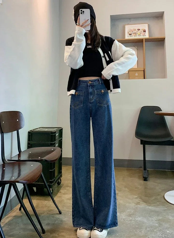 Blue high-waist straight-leg jeans