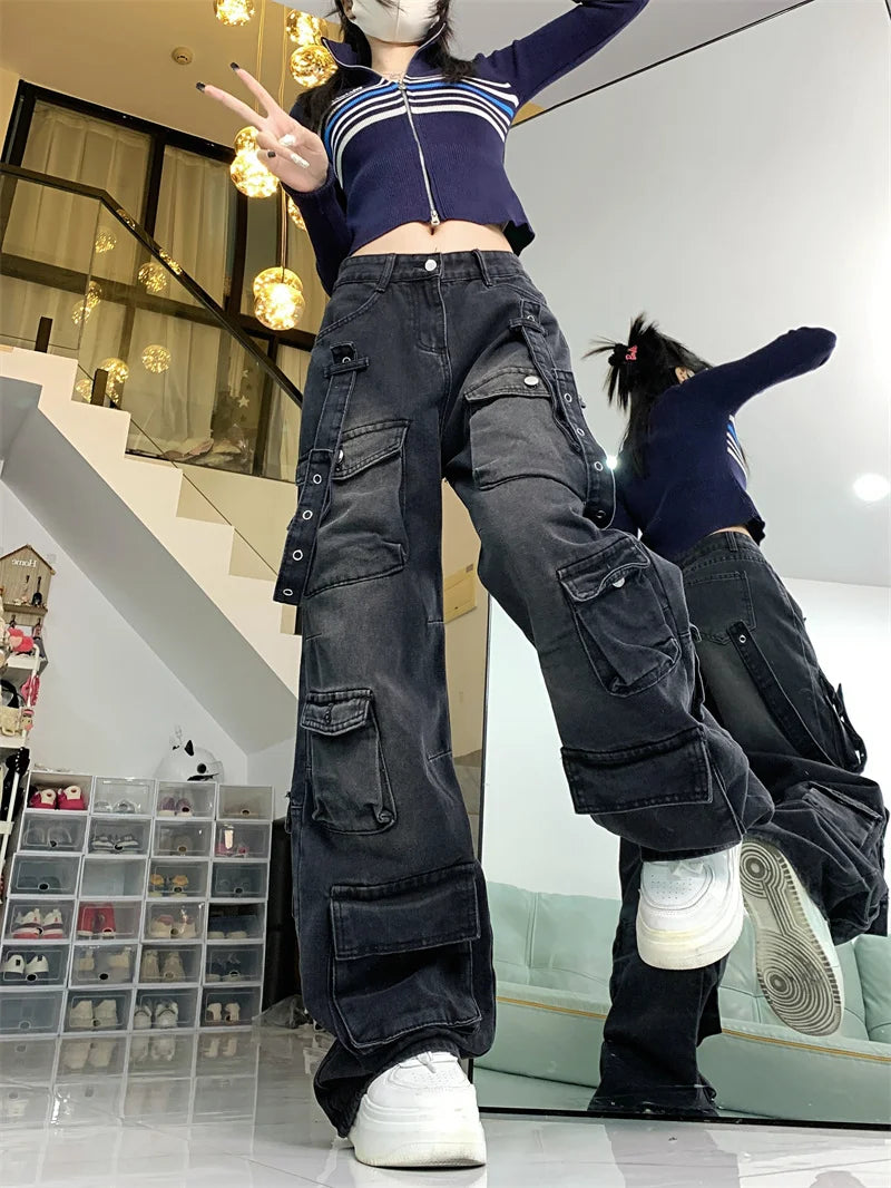 Cargo Pants - Dark Gray Wide-Leg Y2K Jeans