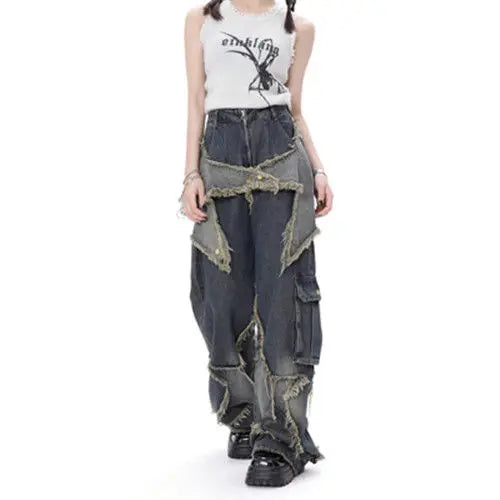 Star Stitching Tassel Wide-Leg Jeans 