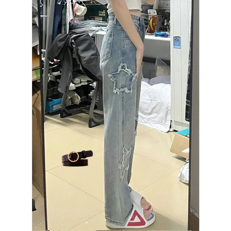 Dafify - Blue Star Embroidered Wide-Leg Jeans