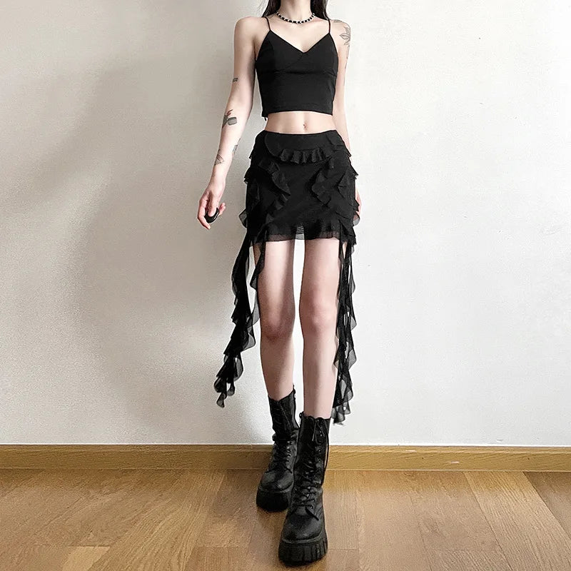 PixieKiki - Mesh Ruffled High-Waist Mini Skirt 