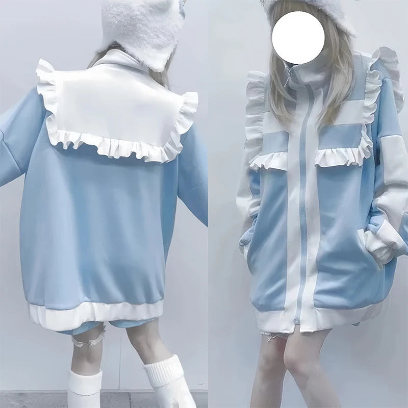 BLUE DIJIAO - Y2K Patchwork Fleece Hoodie Ruffled Zipper Shirt