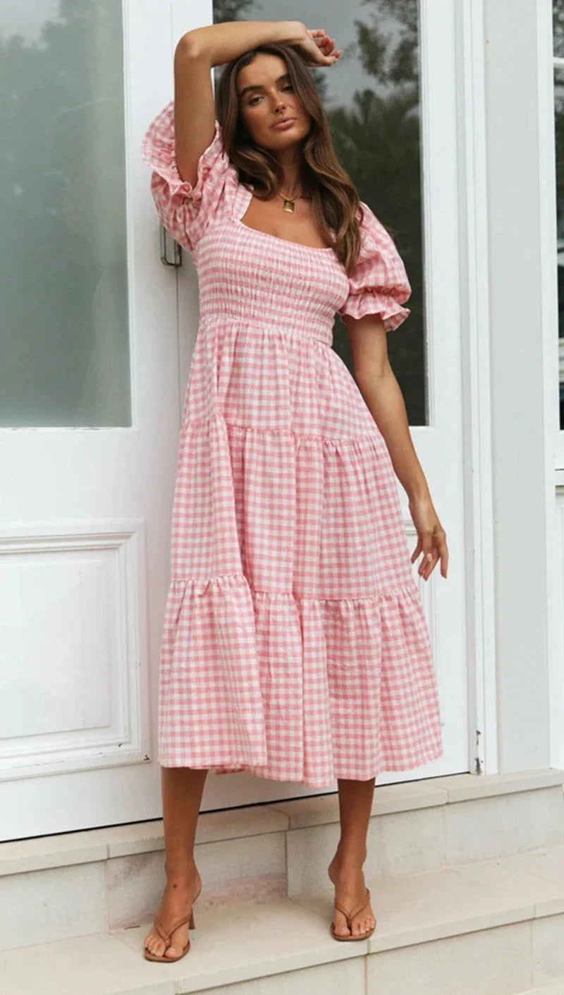 Spring Plaid Puff Sleeve Dress