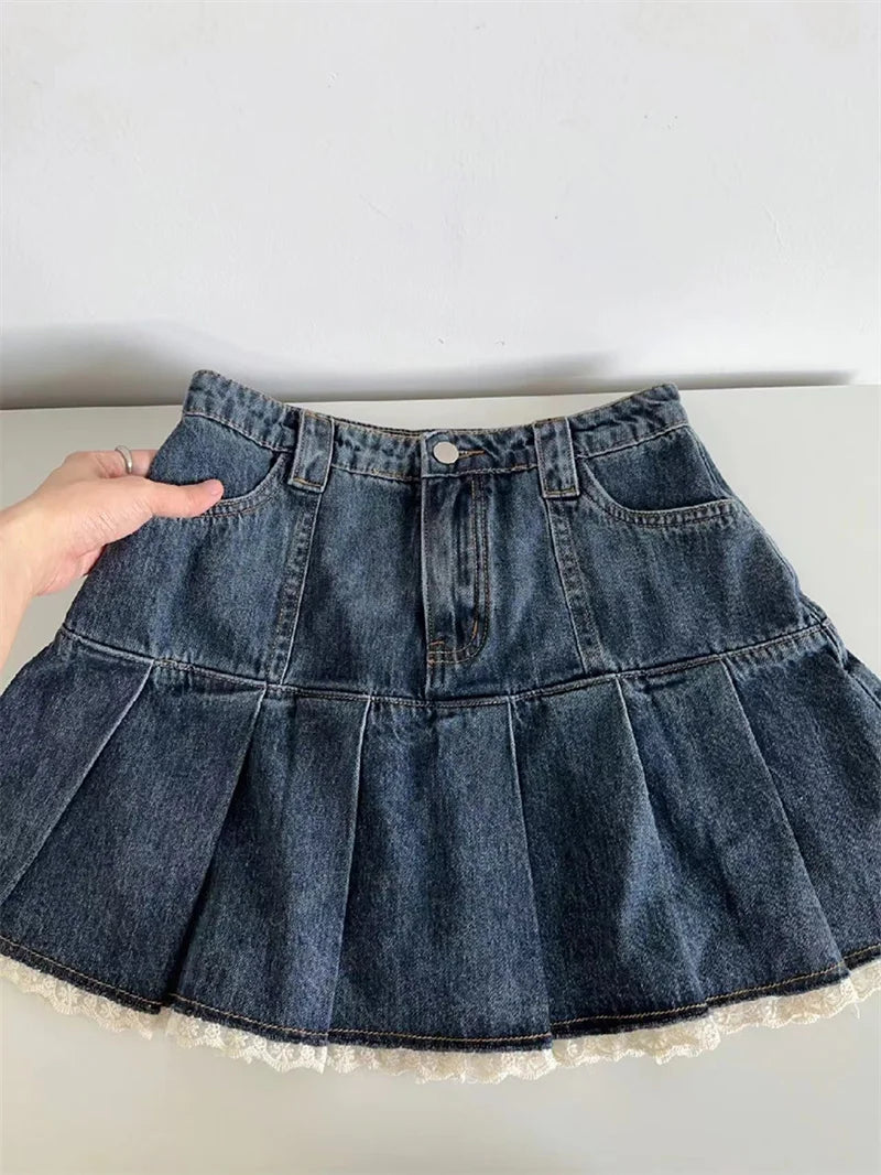 Kawaii Denim Mini Skirt - High-Waist Pleated Y2K Lace Patchwork Skirt