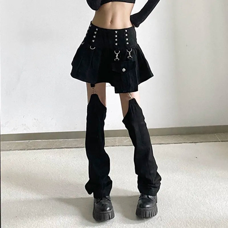 Hizilent - Y2K Detachable Overalls Mini Skirt