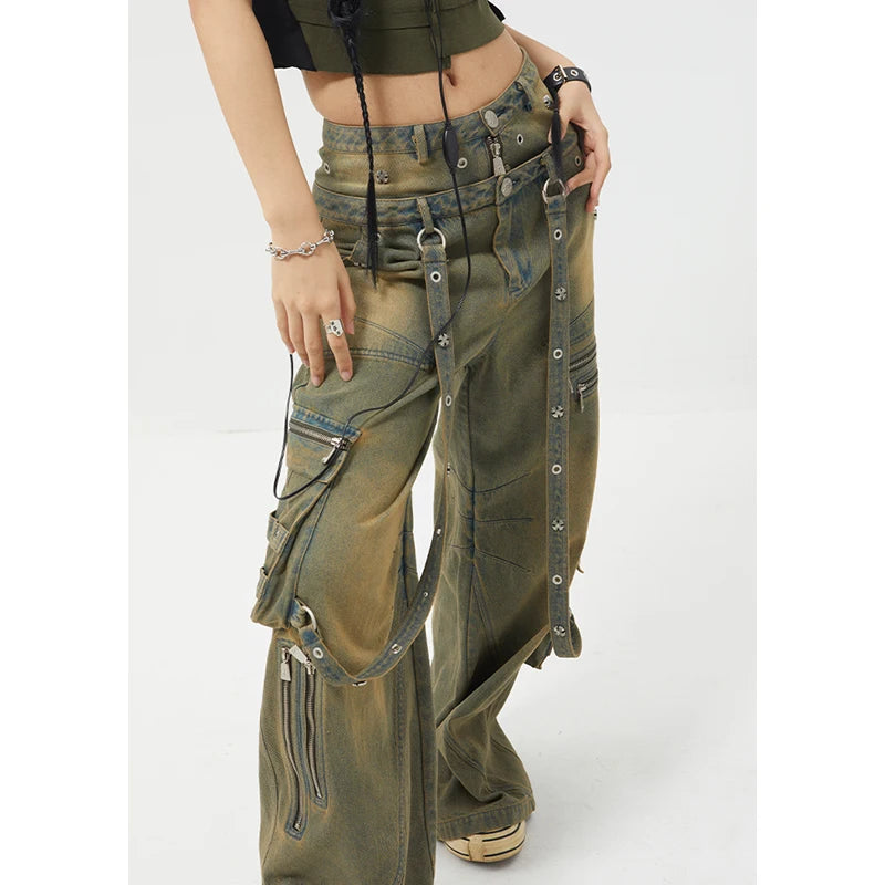 Vintage belted high-waist wide-leg jeans