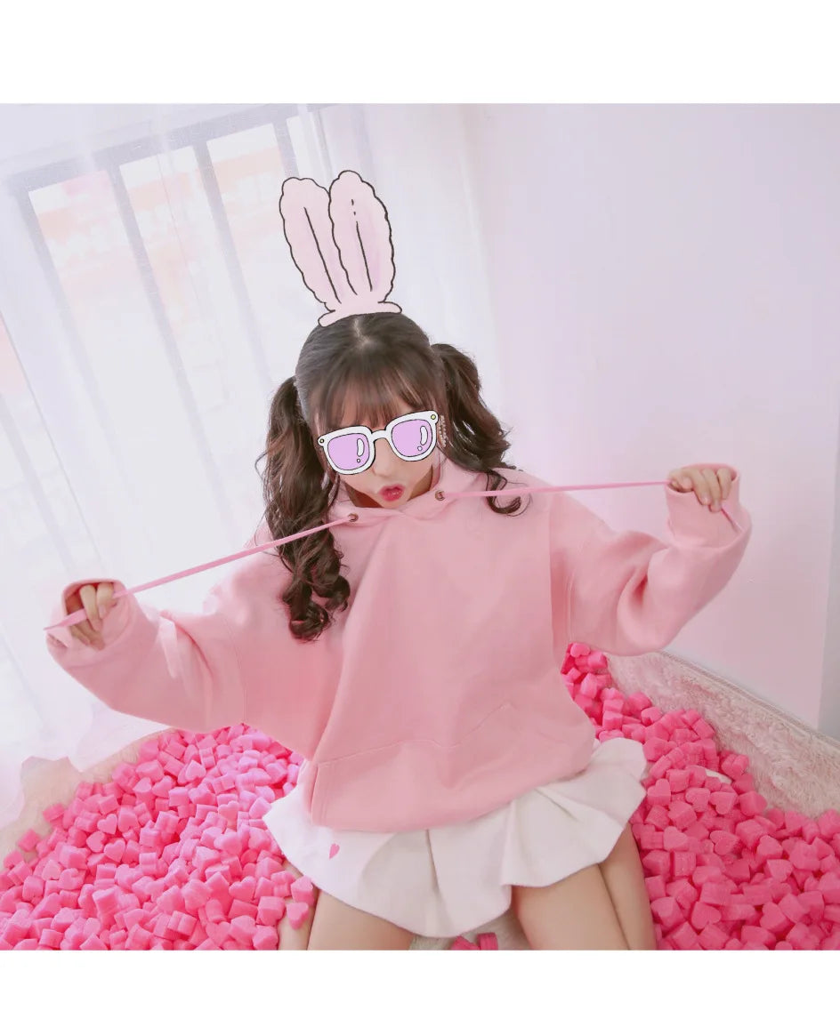 Cute Pink Cotton Hoodie - Love Heart Embroidery