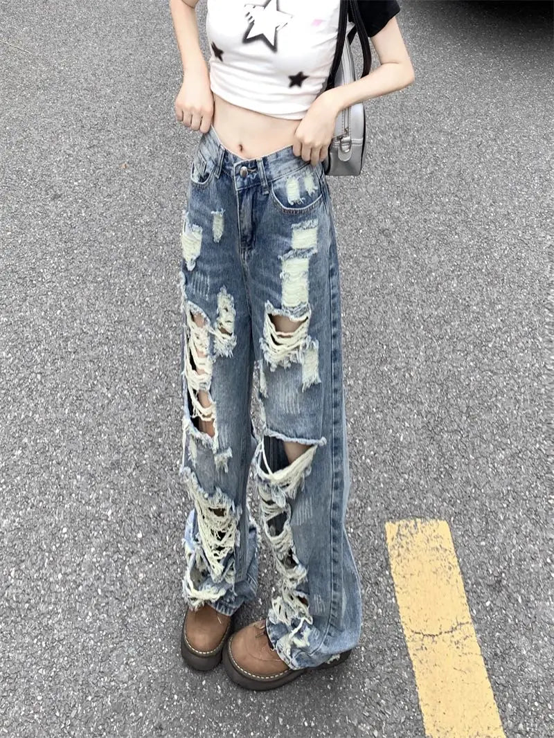 Ripped high-waist wide-leg jeans