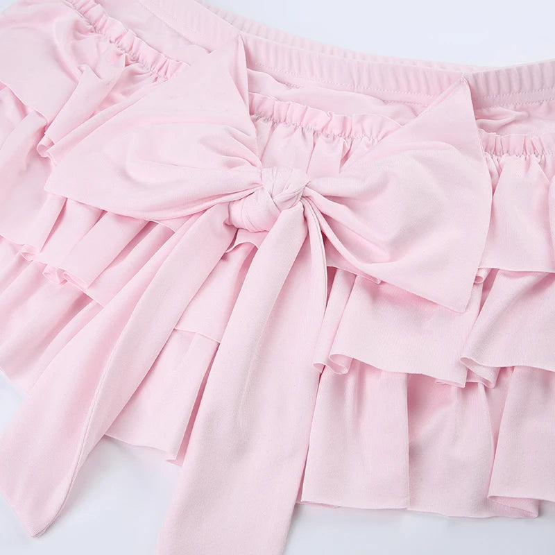 IAMHOTTY - Pink Bow Low-Waisted Mini Skirt 