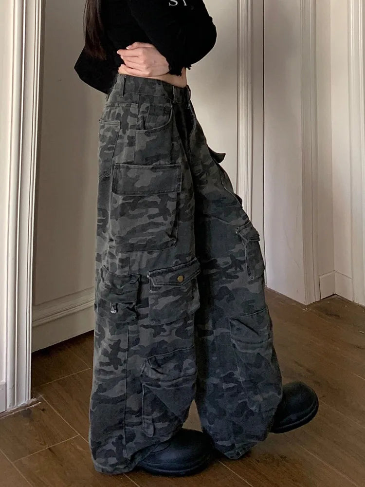 Washed Camouflage Cargo Pants - Y2K Baggy Wide-Leg Trousers