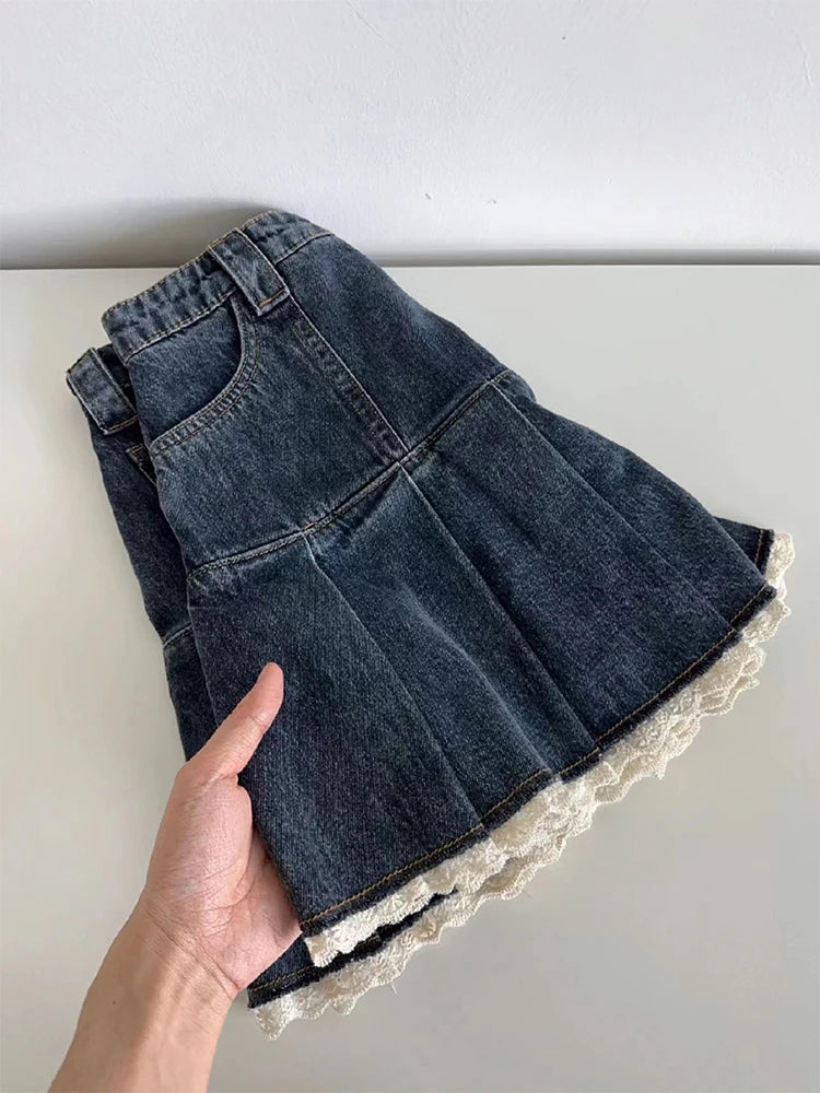 Kawaii Denim Mini Skirt - High-Waist Pleated Y2K Lace Patchwork Skirt