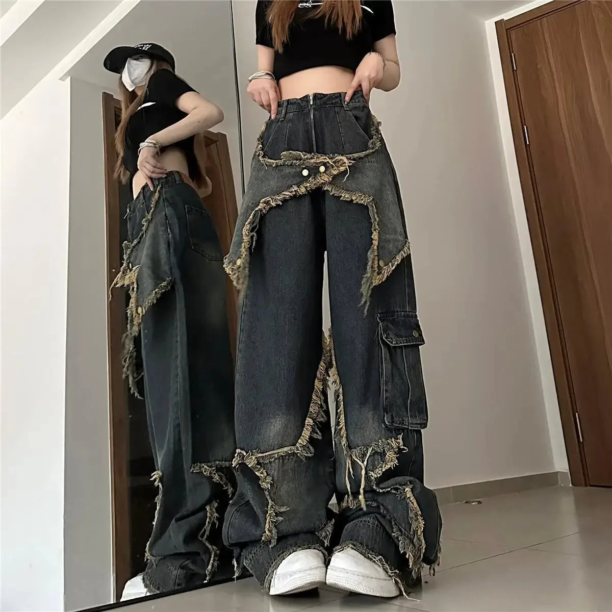 Wide-Leg Baggy Jeans - Fashionable Y2K Star Print