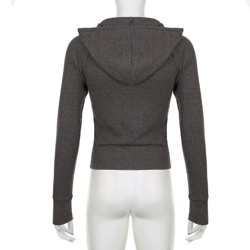 Darlingaga -  Casual Ribbed Knitted Cropped Hoodie Jacket