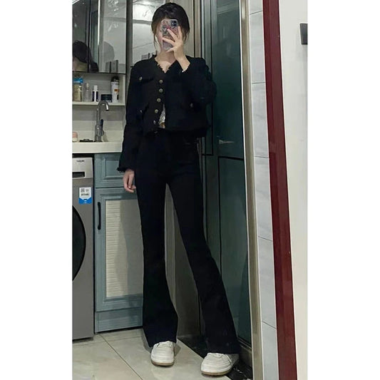 Mlanxeue - Black High-Waisted Micro-Flared Pants