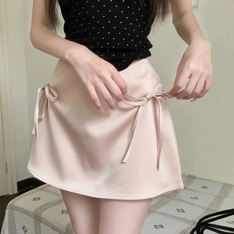 Bow Lace-Up Satin Mini Skirt