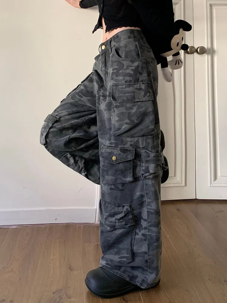 Washed Camouflage Cargo Pants - Y2K Baggy Wide-Leg Trousers