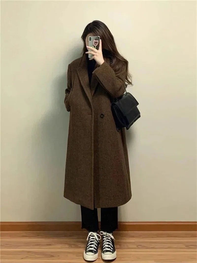 Lapel Collar Woolen Coat - Coffee Colored Mid-Length Overcoat