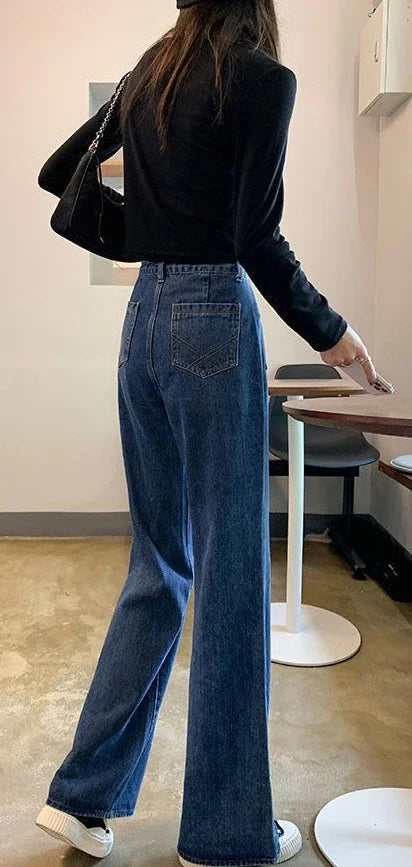 Blue high-waist straight-leg jeans