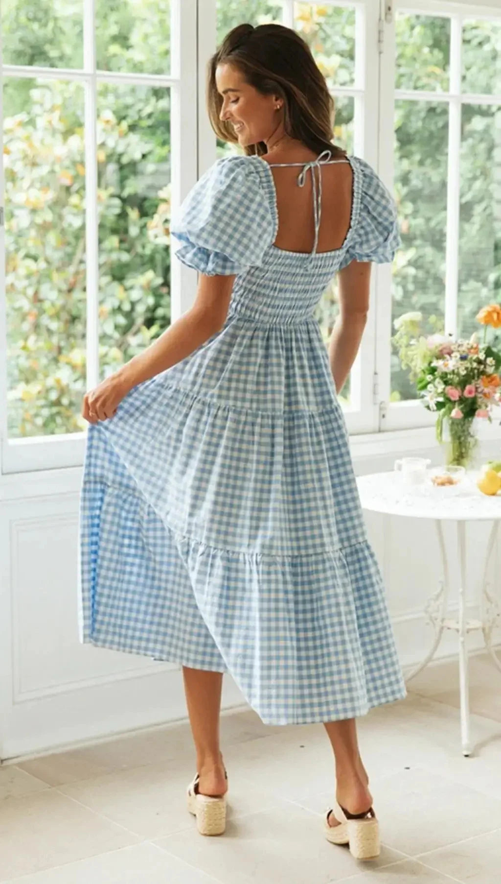 Spring Plaid Puff Sleeve Dress