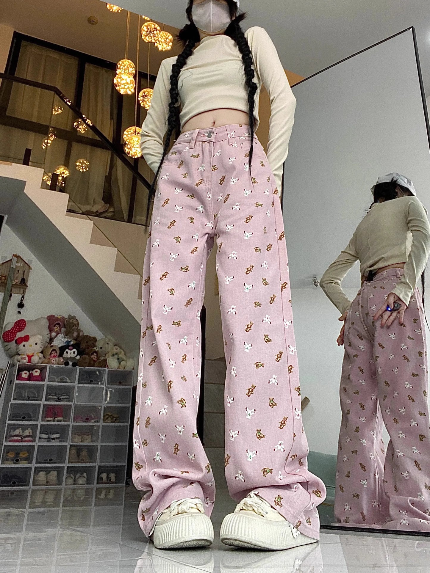 Dicloud - Pink Printed Wide-Leg Jeans