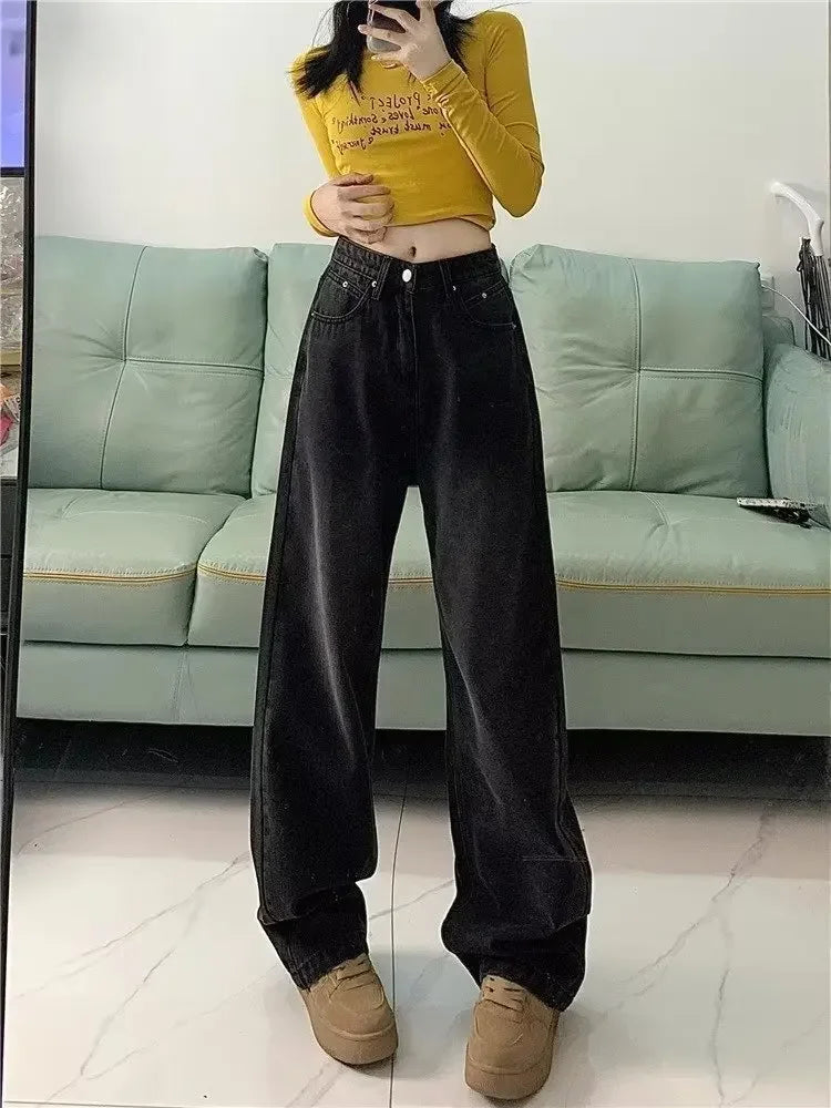 Vintage high-waisted straight-leg fleece-lined jeans 