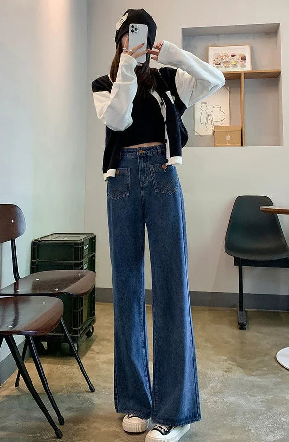 Blue high-waist straight-leg jeans