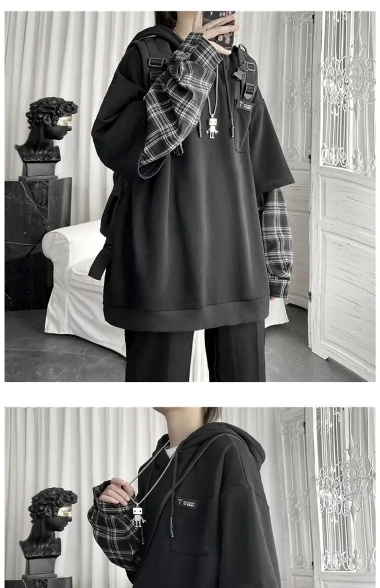 KOSAHIKI - Oversized Plaid Sleeve Hoodie