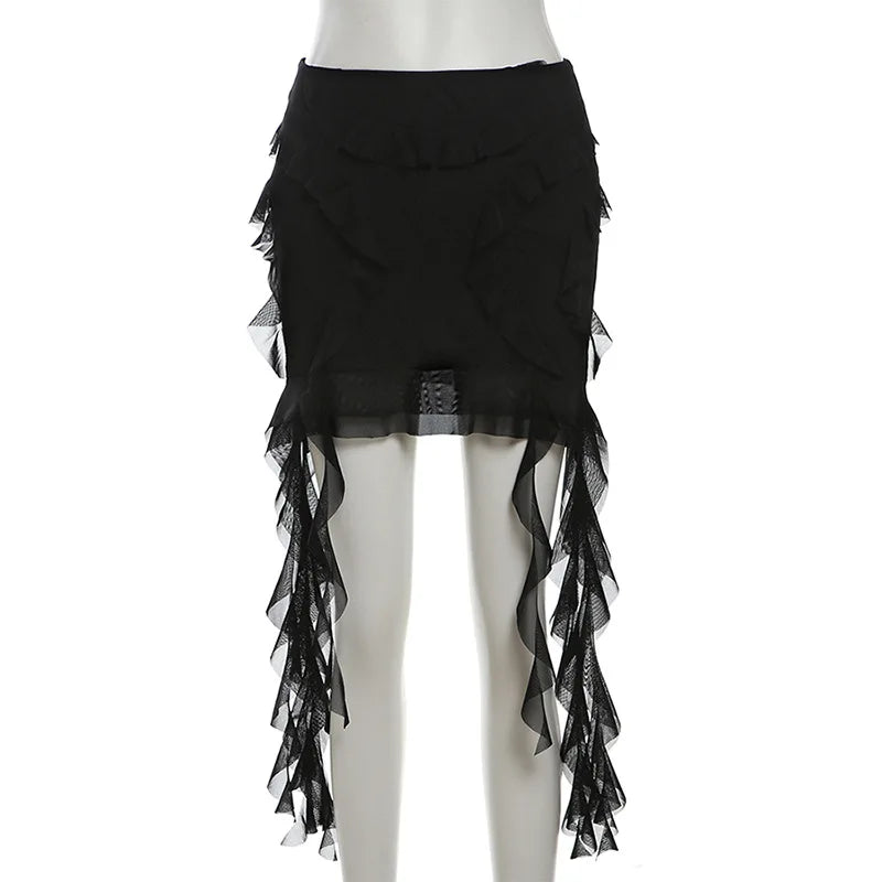 PixieKiki - Mesh Ruffled High-Waist Mini Skirt 