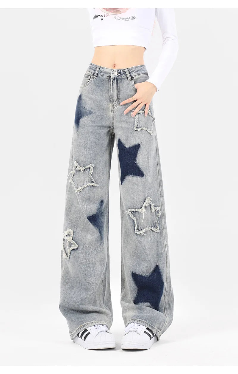 Star Embroidered High-Waist Cargo Jeans