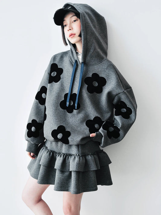 IMAKOKONI - Original Design Gray Hooded Flower Patch Hoodie