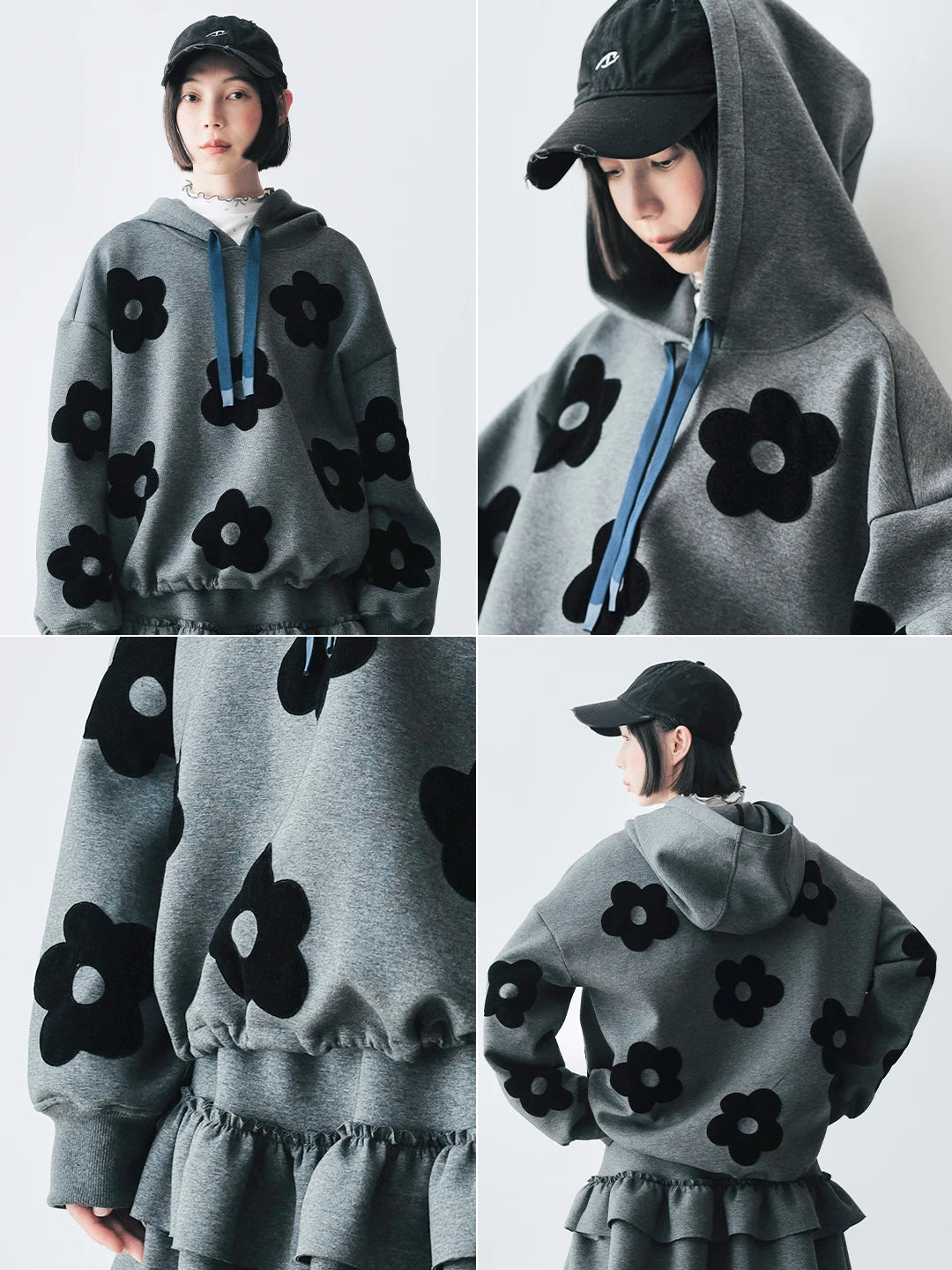 IMAKOKONI - Original Design Gray Hooded Flower Patch Hoodie