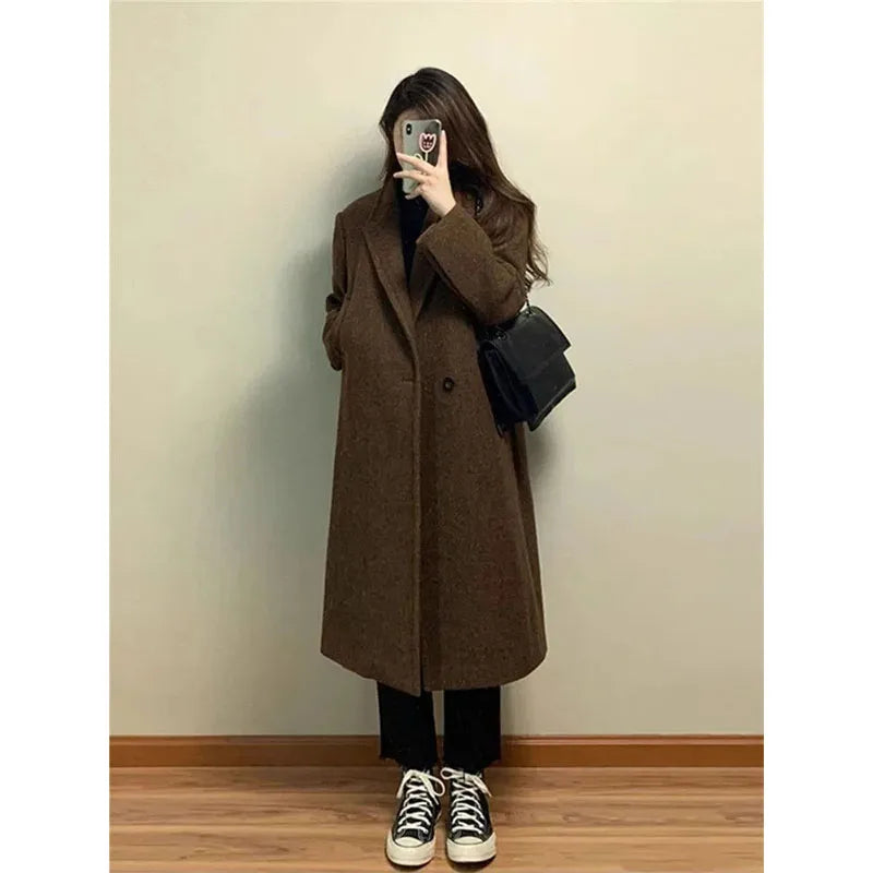 Lapel Collar Woolen Coat - Coffee Colored Mid-Length Overcoat