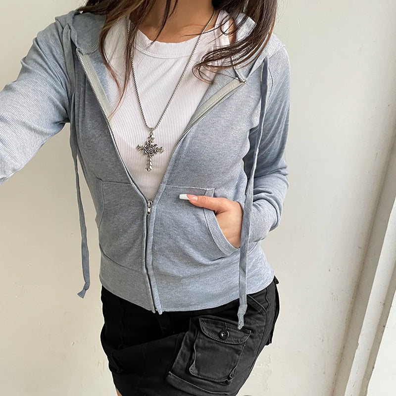 Darlingaga -  Casual Ribbed Knitted Cropped Hoodie Jacket