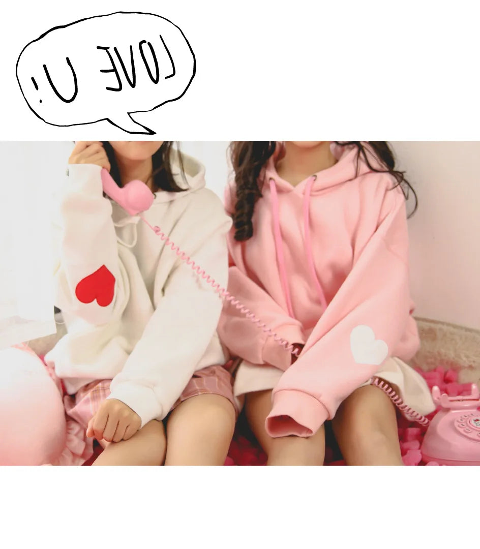 Cute Pink Cotton Hoodie - Love Heart Embroidery