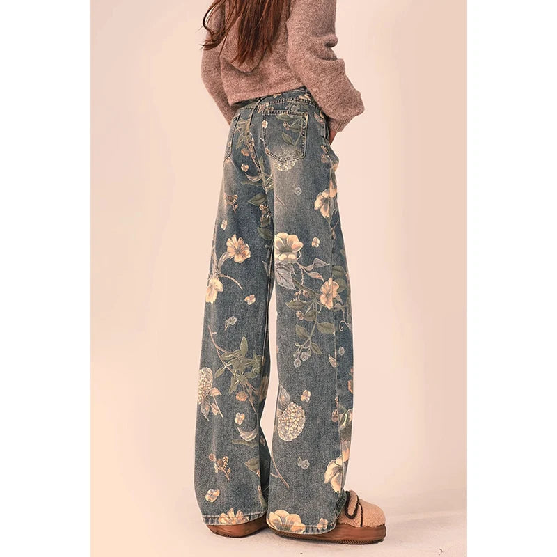 Vintage Floral High-Waist Wide-Leg Jeans