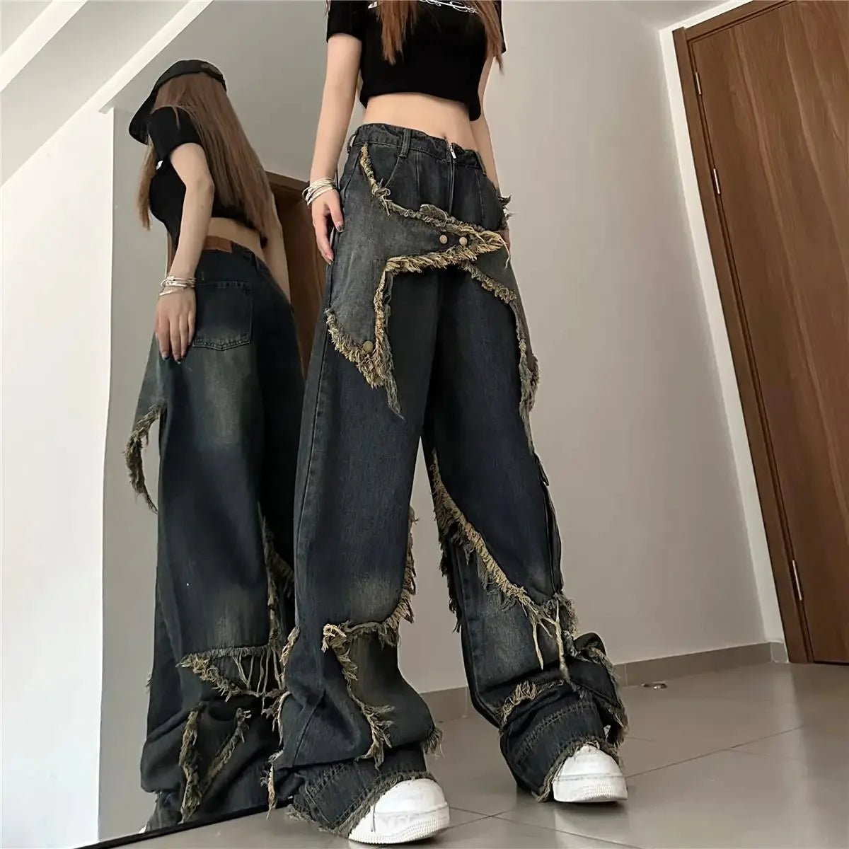 Wide-Leg Baggy Jeans - Fashionable Y2K Star Print