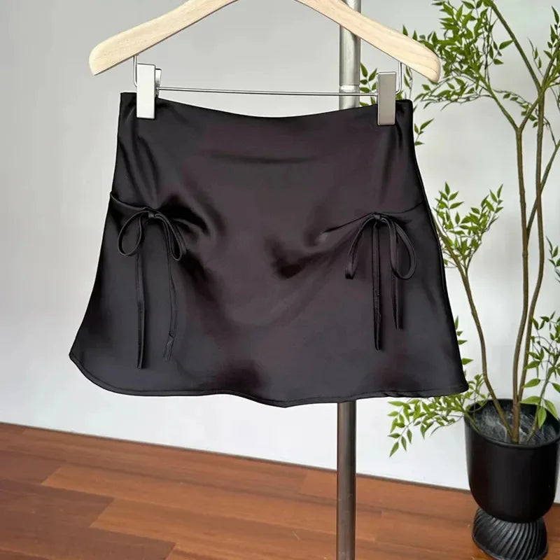 Bow Lace-Up Satin Mini Skirt